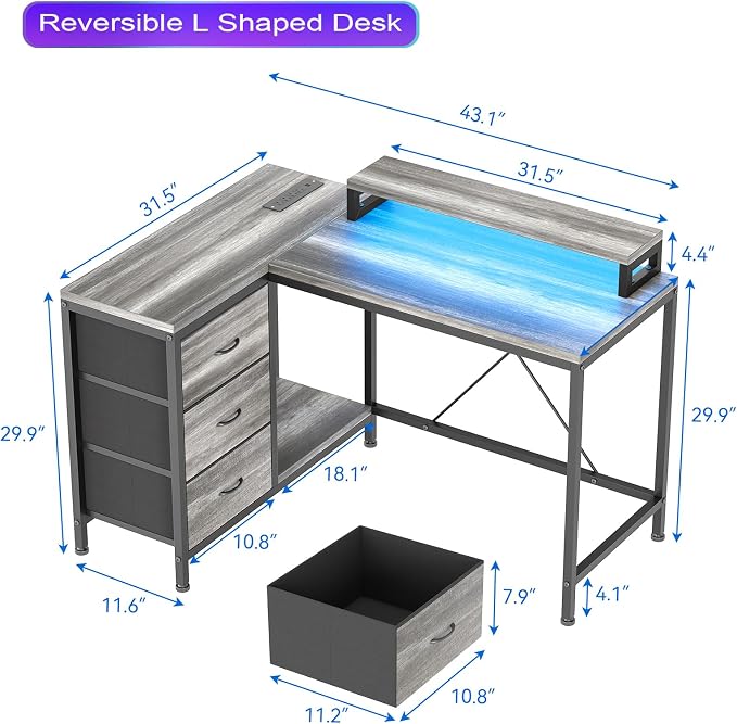 Garvee L-Shaped Computer Desk with Power Outlets & LED Lights - 43-Inch Reversible Corner Gaming Desk with 3 Drawers, Storage Shelves & Removable Monitor Stand, Modern Home Office Desk
