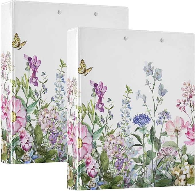 3 Ring Binder, Spring Wild Flowers Butterfly File Folder Holds 200 Sheets File Storage for Women Men School Office Supplie