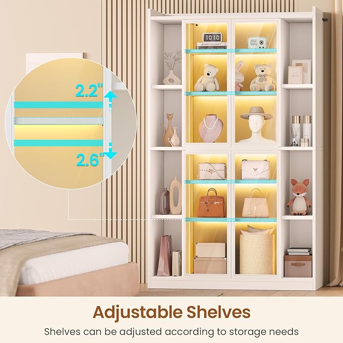 SEDETA 71" Tall 6-Tier Display Cabinet with Doors and Adjustable Shelves | Display Cases for Collectibles,Curio Cabinet with LED Lights & Acrylic Glass Doors for Bedroom Living Room Office,White