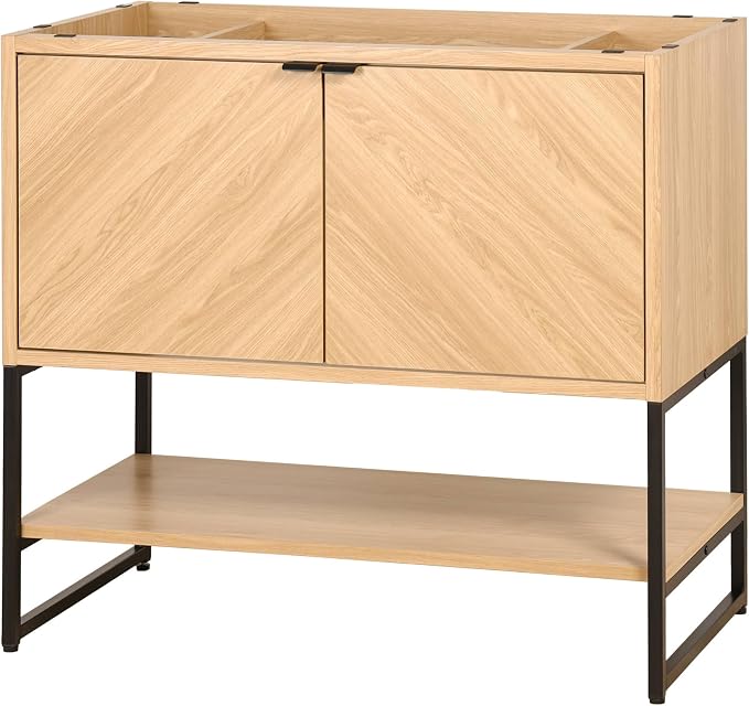 JONATHAN Y Juhl 35" Chevron Freestanding Bathroom Vanity Cabinet, Oak | Modern Minimalist Design, 18" Deep 33" Tall, 2 Soft-Close Doors, Interior And Open Shelves, Sink Not Included