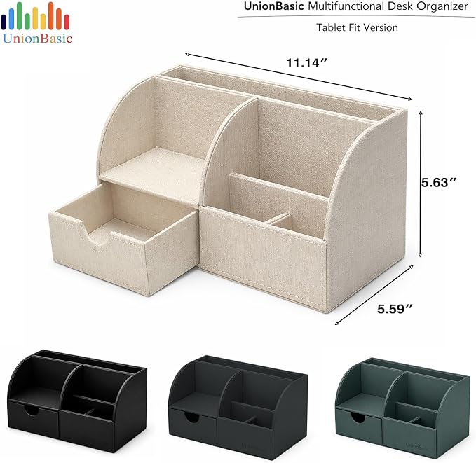 UnionBasic Desk Organizer - Multifunctional Leather Desktop Pen Holder Storage Box - Business Card/Pen/Pencil/Mobile Phone/Stationery Holder, Beige