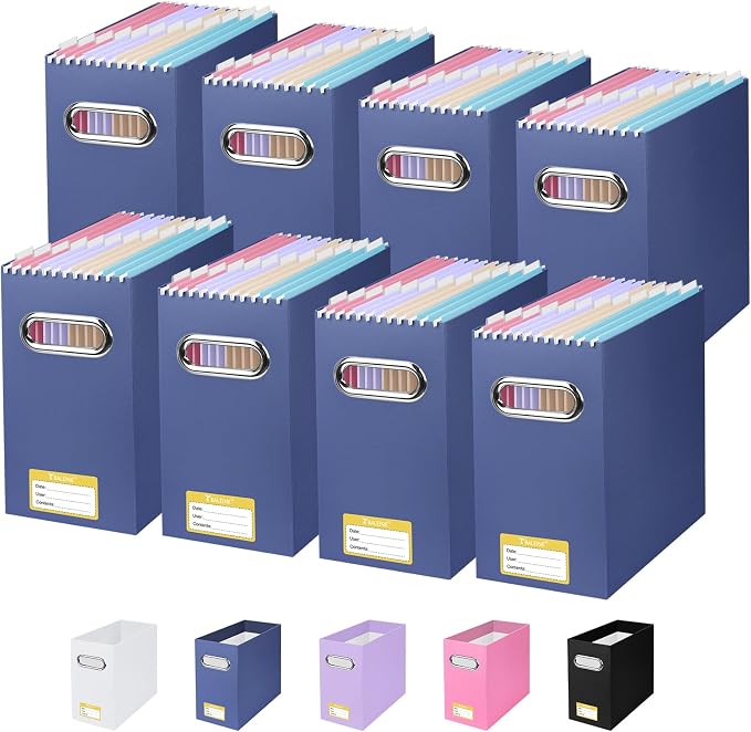 BALEINE 8PK File Organizer Box, Cardboard File Folder Organizer with Handle | Strong Corrugated Paper Core, Label Stickers for Identification, Hanging File Folder Organizer, Home Office Document Storage