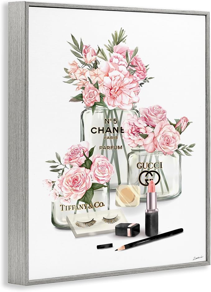 Stupell Industries 'Pink Rose Florals in Glam Fashion Jars', Framed Giclee Art, Gray, 11 x 14 Inches, Easy to Hang and Sturdy, Made in USA, by Ziwei Li