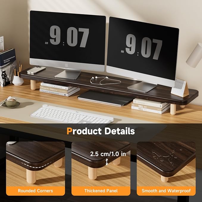 Dual Monitor Stand Riser, 39 Inch Extra Long Wooden Desktop Monitor Riser with Storage for 2 Monitors Ultra Strong Desk Shelf Organizer Riser Ergonomic for 2 Screens/Laptop/PC/TV/Printer (Dark Walnut, 39inches)