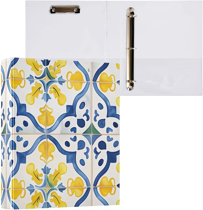 3 Ring Binder Blue Mandala Lemon Paisley Aztec 1.5 inch Binders Three Ring Binders with Clipboard Fit 8.5'' x 11'' Paper 3 Interior PVC Clear Pockets for Office Supplies