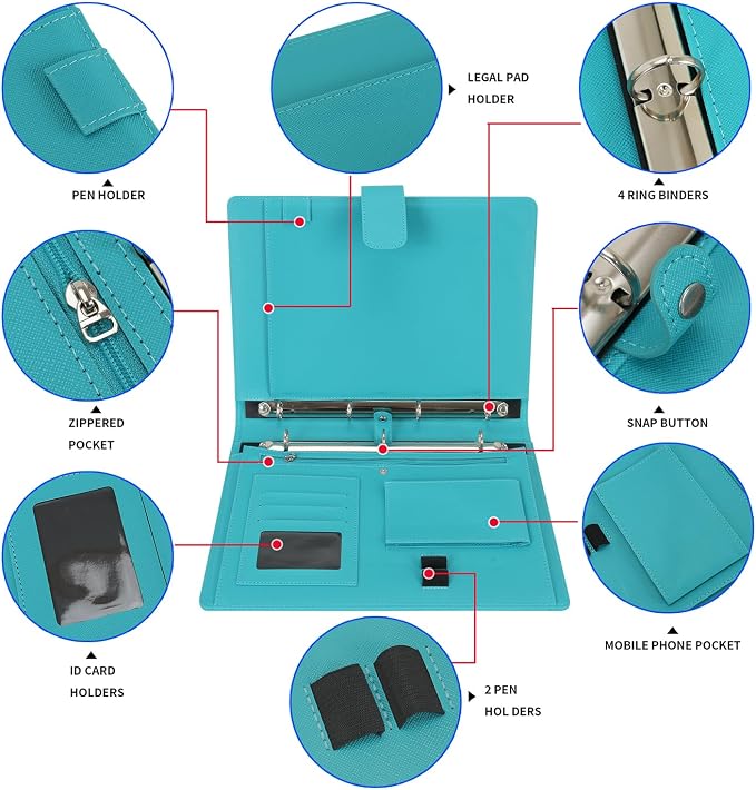 Wonderpool A4 PU Leather 3 & 4 Ring Holder Writing Portfolio Multi Document Case with Removable Binder Clipboard and Functional Pocket for Organizer Office Travel School (Cyan)