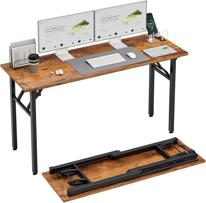 1TEMI Long Computer Desk Folding Table - No Assembly, Compact 55.1" Foldable Desk with Power Outlets & USB Charging Port, Portable Lagre Office Desk, Ideal Large Study Table for Narrow Spaces, Brown
