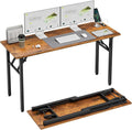 1TEMI Long Computer Desk Folding Table - No Assembly, Compact 55.1" Foldable Desk with Power Outlets & USB Charging Port, Portable Lagre Office Desk, Ideal Large Study Table for Narrow Spaces, Brown