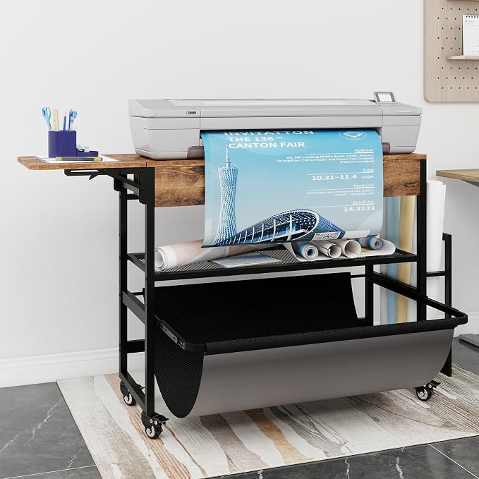 Natwind Wide Format Printer Stand,Plotter Table with Laptop Station,Retro | Plotter/Cutting Machines Stand, with Pull-out Drafting Collection,Roll Paper Holder,Accessory Drawer & Adjustable Shelf