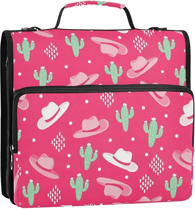 Cowboys Cowgirls Pink Pattern 3 Ring Zipper Binder with Shoulder Strap & Handle 1.5 Inch D-Ring Zippered Bag with Pencil Pouch, Expanding File Folder, Binder Organizer for School or Office