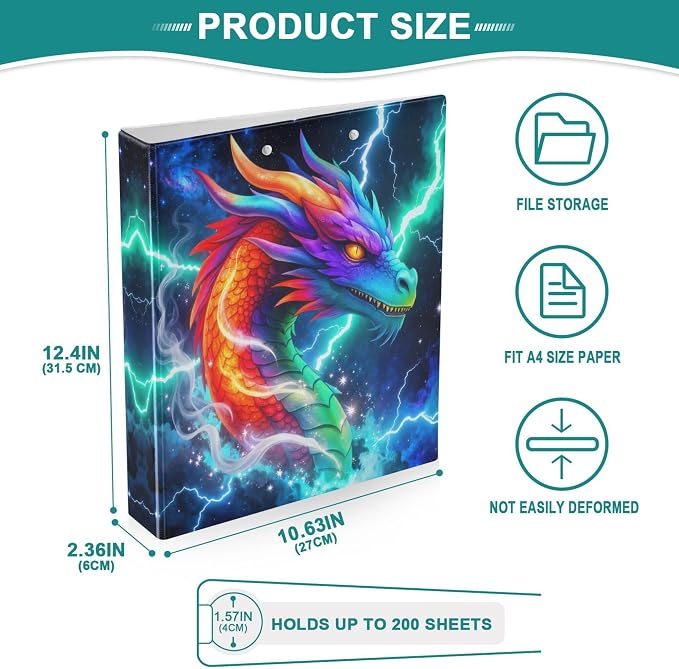 Dragon Thunder Lightning Round Ring Binders 1.5 Inch Green Red Fire Dinosaur Cool 3 Ring Clipboard Binder for Office School Work Supplies File Folder Document 200 Sheet Capacity Easy Open