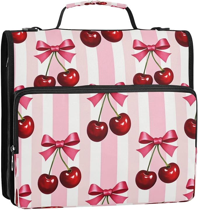 Zipper Binder 3 Ring 1.5 Inch D-Ring Red Cherries Bow File Folder Organizer | Multi-pocket Storage; Expanding Pocket; Secure Travel Document Organizer; Ideal for Commuting, Travel, Office and School