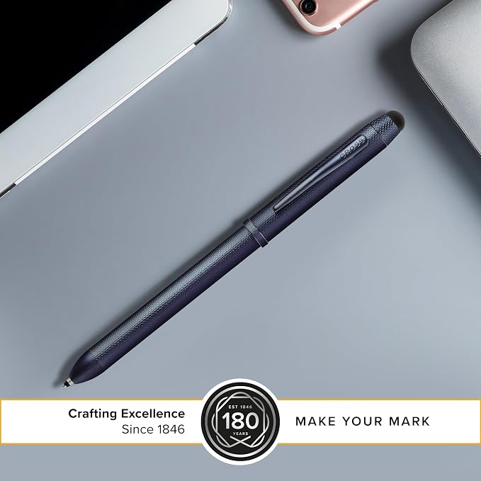 Cross Tech3+ Dark Blue PVD Multifunction Pen - Multifunctional Pen & Pencil for Versatile Use - Multiple Writing Tips - 2-Way Rotation Mechanism - Built-In Stylus - Corporate Gifts - Black Ink