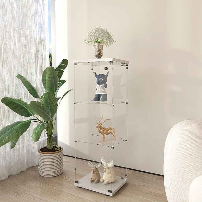 Frameless Glass Display Cabinet, Curio Cabinet Display Case with Lock and Glass Door, Quick-Install Floor Standing Small Showcase Display Shelf for Collectibles, Legos, Figures, Plants