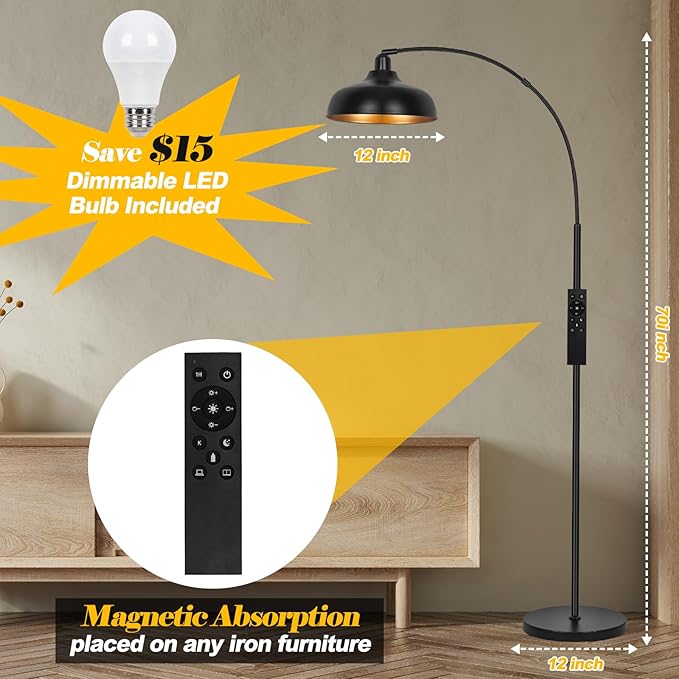 Arch Floor Lamps with Remote, Dimmable Floor Lamp 70” Black Tall Lamp | Arc Lamps Floor Standing with 9W Bulb, 360° Adjustable Hanging Metal Shade, Over Couch Lamps for Living Room, Foot Switch