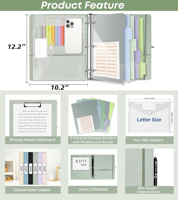 1 Inch 3 Ring Linen Binder Organizer, BVSSX Three Ring Binders with Clipboard, Plastic Folder, 5-Tabs Pocket Dividers with Sticker Labels, Pen Loop, Elastic Strap (Sauge, Letter Size)