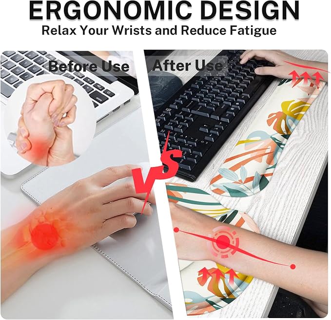 Keyboard Mouse Pad Set, 4 in 1 Desk Mat Set, Bohemian Rainforest | Boho Tropical Large Mousepad+Keyboard Wrist Rest+Mouse Wrist Rest+Coaster Ergonomic Design for Home Office Computer