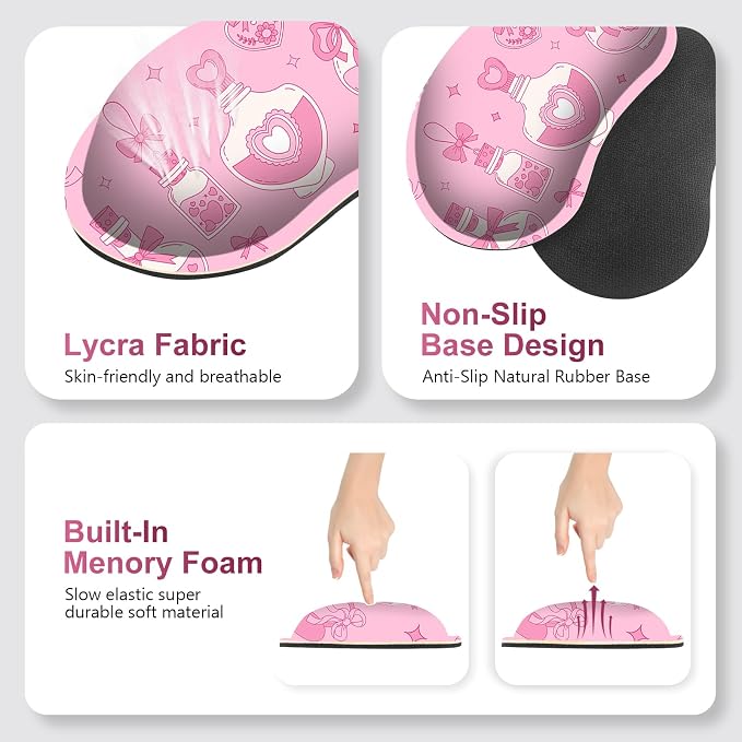 Desk Mat Pad, Gaming Mouse Pad Wrist Support Set, 4 in1 Non-Slip XXL Large Mousepad + Ergonomic Keyboard Wrist Rest+Mouse Wrist Rest+Coaster for Home Office Computer I Pink Kawaii Bow Bottle