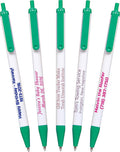 USA Made, Personalized Writing Ink Ballpoint Novelty Pens, Custom Printed with Your Logo & Text (Pack of 50 White Pens with Medium Green Trim)