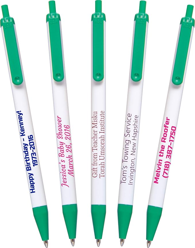 USA Made, Personalized Writing Ink Ballpoint Novelty Pens, Custom Printed with Your Logo & Text (Pack of 50 White Pens with Medium Green Trim)