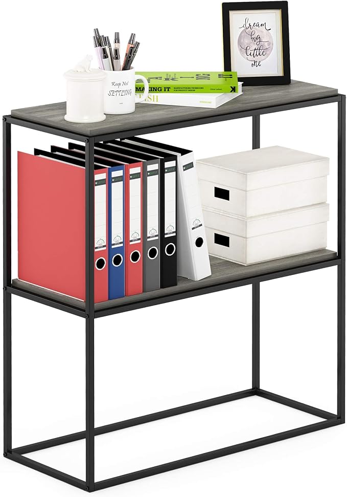 Furinno Moretti 2-Tier Metal Frame Storage Shelves, French Oak Grey | Easy Assembly, Stackable, Rectangular, Book Shelf, Display Shelf, for Organization, Living Room, Garage, Home Office