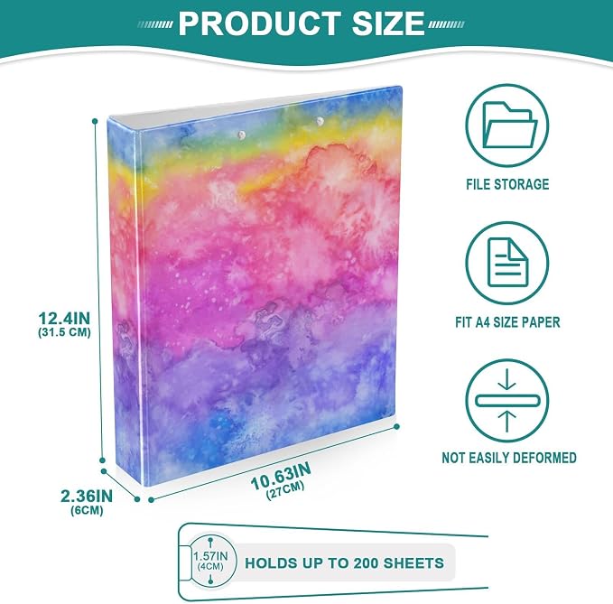 3 Ring Binder Rainbow Watercolor 1.5 Inch Three Ring Binder | Cute Binder with 3 Storage Pockets for Women School Office Supplies