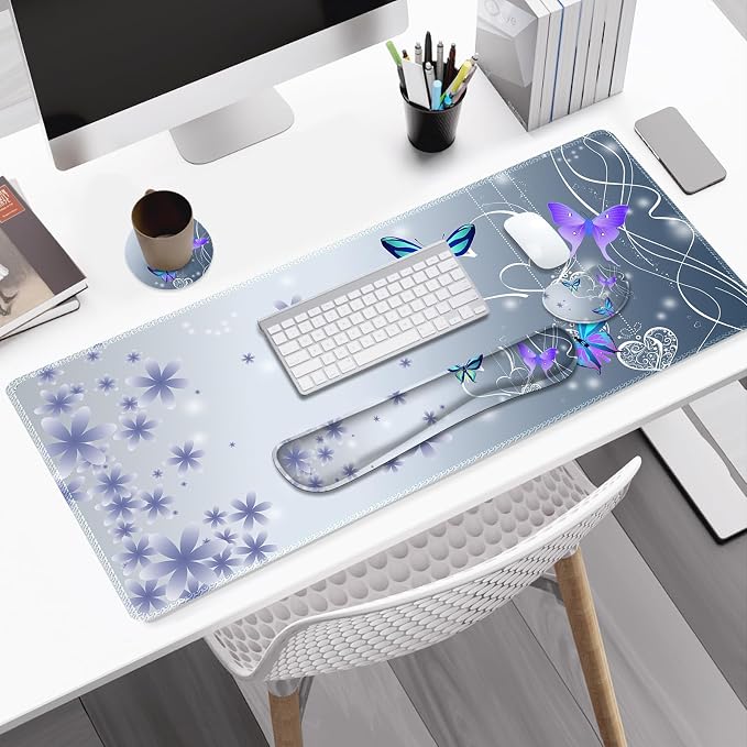 Cute Butterfly Desk Mat, Florals 4 in1 Large Gaming Mouse Pad Set, Ergonomics Keyboard Pad with Memory Foam Wrist Rest, Extended Game Mousepad Non-Slip Desk Protector Matt Easy Typing Pain Relief