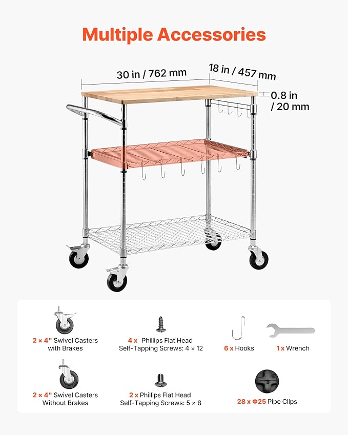 VEVOR Kitchen Utility Cart, 3-Tier Rolling Kitchen Cart with Wood Tabletop and Handle Bar, 661 lbs Capacity Heavy Duty Adjustable Wire Storage Rack, Steel Service Trolley on Wheels, 30 x 18 x 36 in