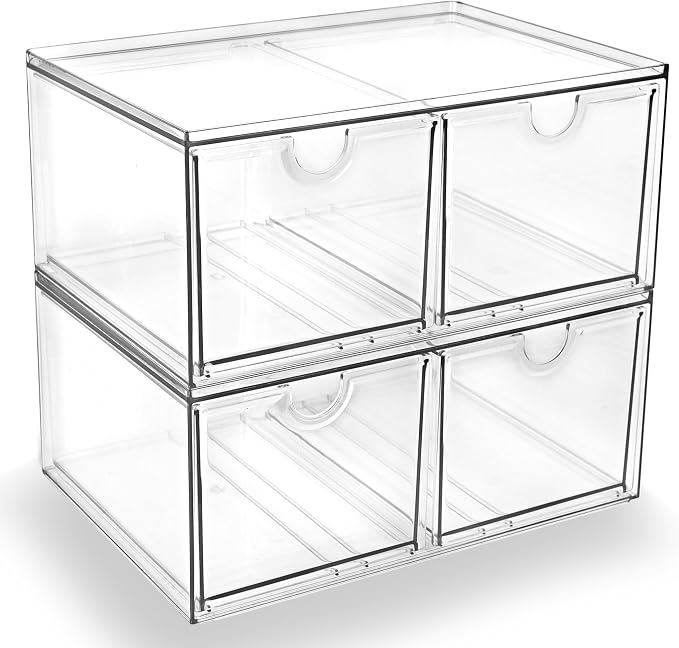Prsildan Acrylic Storage Drawers Clear Makeup Organizer with 4 Drawers | Transparent, Stackable, For Vanity Bathroom Kitchen Cabinets Office Desk Undersink, Cosmetics Toiletries Home Small Items
