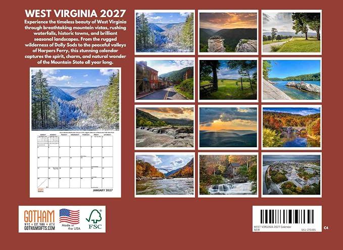 West Virginia Calendar 2027 Monthly Wall Calender 12 Month