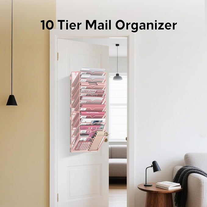 10-Tier Wall File Organizer and Hanging File Organizer, Pink | Wall Organizer and Wall Mounted File Holder with 10 Pockets and Label Panels for Files, Mail, Folders, Magazines and Paper