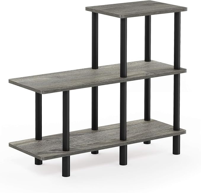 Furinno Turn-N-Tube Storage Shelves, 3-Tier Ladder Book Shelf, Accent Display Shelf, Toolless Open Shelves, Round Tubes, for Organization and Storage, Living Room, Garage, Home Office, Grey Oak