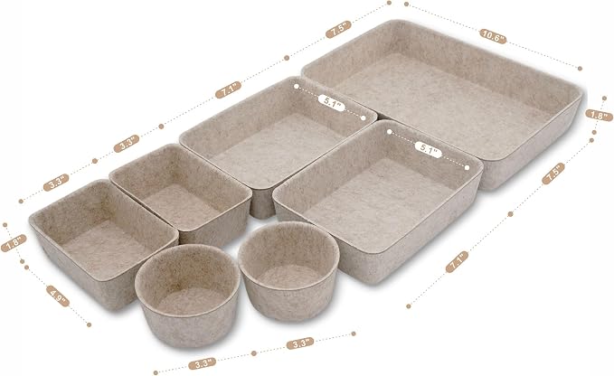 7pc Scandinavian Felt Desk Drawer Organizer Oatmeal Catchall Tray | Sustainable material soft yet sturdy,multi-purpose storage, sleek minimalist lifestyle