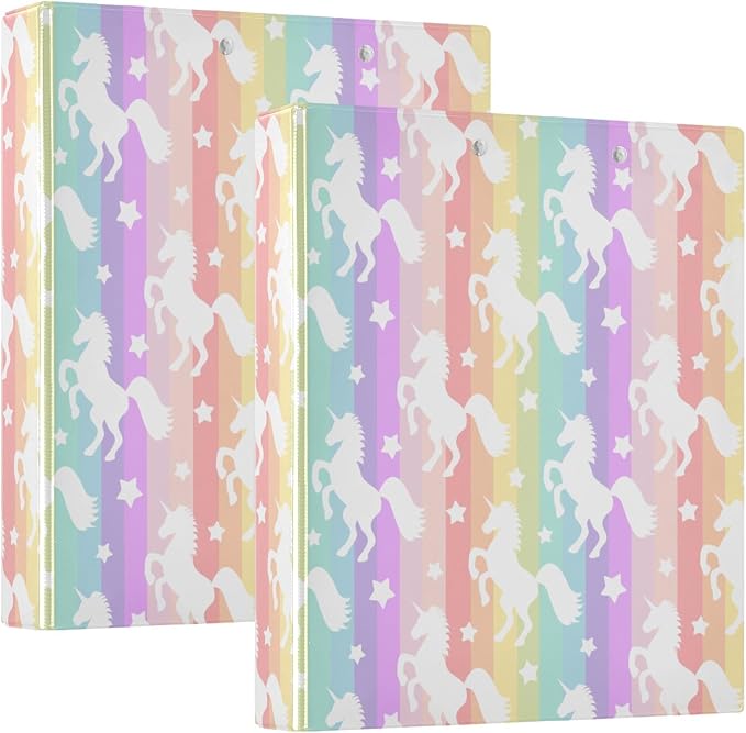 Unicorn Rainbow Colored Star Unicorns Binder 1.5 Inch Binder with Clipboard&Pockets, Hardcover Binders 3 Ring, Heavy Duty Large File Folder for Office School Supplies - Holds 200 Sheets-2 Pack