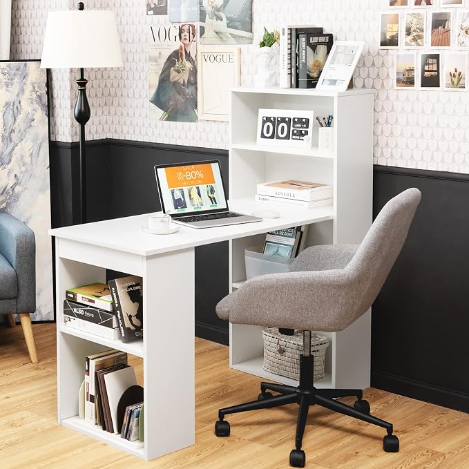 AUGESTER Computer Desk with Bookcase, Desk Bookshelf Cabinet 3 in 1 Functional Table, Compact Computer Workstation with Storage Shelf and CPU Holder, Suitable for Home & Office (White)