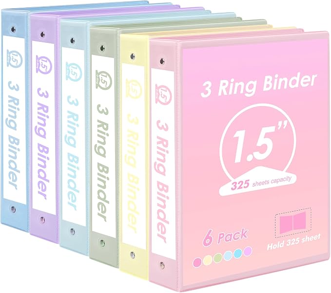 EOOUT 6 Pack 3 Ring Binders 1.5 inch, Three Round Ring 1.5'' Binders with 2 Pockets Interior, 6 Assorted Pastel Color, Fits 8.5'' x 11'' Letter Size Paper for School Office Supplies
