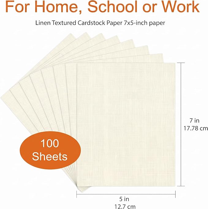 100 Sheets Ivory Linen Textured Cardstock Paper for Printing 5x7 Inch | 300gsm Cream Thick but Printer-Friendly Card Stock for Wedding Baby Shower Invitations, Annoucements or Name Cards