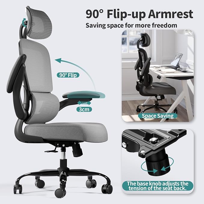 TRALT Office Chair Ergonomic Desk Chair - Gaming Chair with Lumbar Support | 330 LBS Home Office Desk Chairs with Headrest, Reading Chair with Flip-up Armrests, Comfortable Computer Chairs (1, Grey)