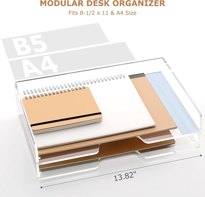 Acrylic Desk Organizer, Stackable Paper Organizer Letter Tray 4-Tier Clear | Enlarged File Organizer for Documents, Files, Letters, A4 Paper, Books, Notes, Mail & Paper Storage, Office Classroom Home