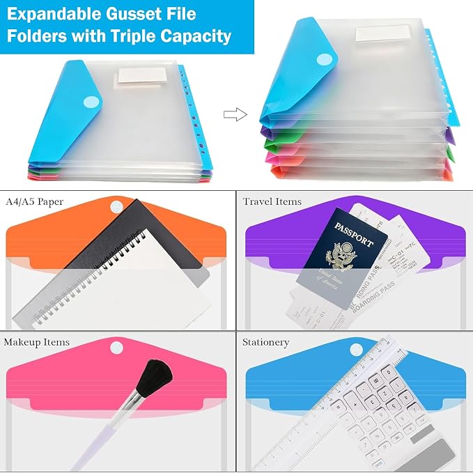 10 Pack Binder Folders with Pockets 11 Holes Expandable Dividers for 2/3/4 Ring Document Pouch with Label Loose-Leaf Transparent Binder Organizer for School Home Office