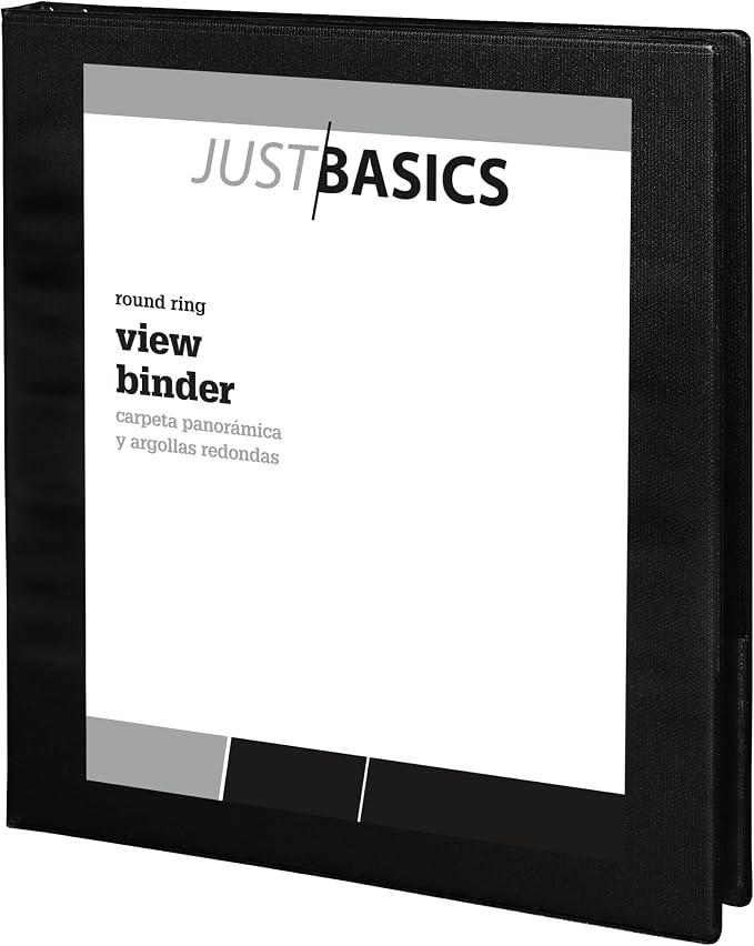 Just Basics Round-Ring View Binder, 1/2" Rings, 61% Recycled, Black, Pack of 12 Binders