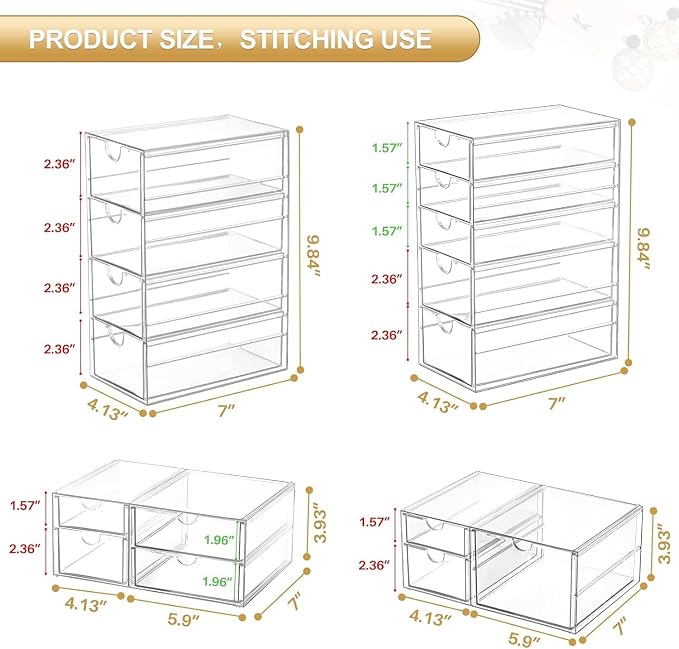 4-Pack Acrylic 16-Drawer Storage & Makeup Organizer for Desk | Smooth-glide drawers, clear acrylic, stackable, dustproof, wipe clean, for office supplies, pens, jewelry, makeup