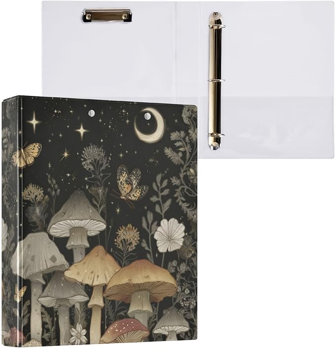 Mystical Mushrooms and Butterflies Binder 3 Ring 1.5 Inch Binder with Clipboard&Pockets, Hardcover Binders Heavy Duty Large File Folder for Office School Supplies - Holds 200 Sheets