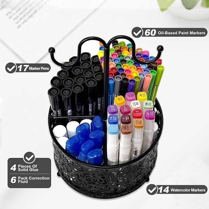 Pen Holder for Desk,360 Degree Rotating Pencil Holder Organizer | 4 Compartments,Large Capacity Pencil Holder for Desk,Metal Rust Prevention Pen Organizers(Pattern of Roses, With Hook)