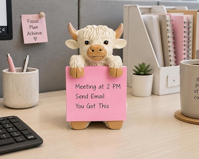 Highland Cow Pop-Up Sticky Note Dispenser for 3 x 3 in Notes, Beige | Includes 100 sheets, handmade resin desk decor for office, home or classroom, gift for teachers, coworkers and cow lovers