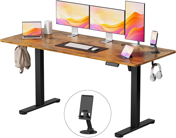 YESHOMY Height Adjustable Electric Standing Desk, 63 x 24 Inches Memory Home Office Sit Stand up Desk with Phone Holder and USB Charging Port, Rustic Brown