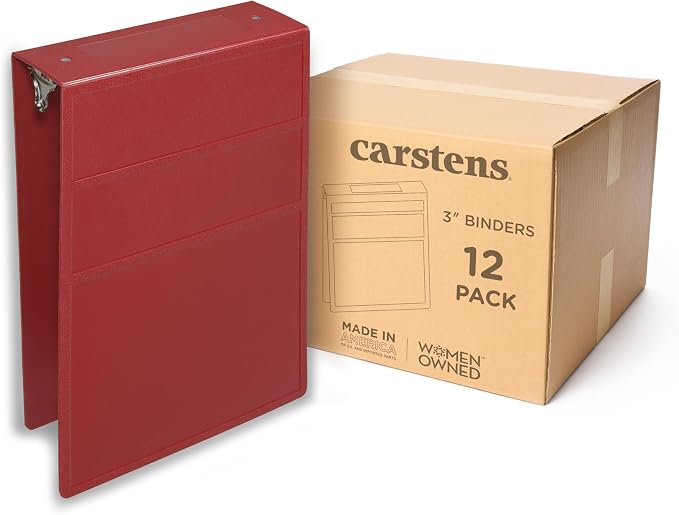 Carstens 3-Inch Heavy Duty 3-Ring Binder - Top Opening, Brick Red, Durable Plastic, No-Gap Rings, Waterproof Cover, No Pockets, Holds 400 US Letter Sheets, BPA-Free, Made in USA (1750-3R), Case of 12