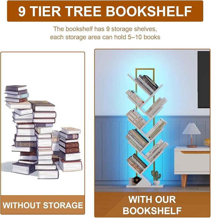 Qupui 9-Tier Tree Bookshelf with LED Lights, Tall Corner Bookcase, White | RGB 22 Modes 6 Brightness. Tree Branch Design. 9 Open Shelves. Engineered Wood With Metal Frame. T-shaped Stability