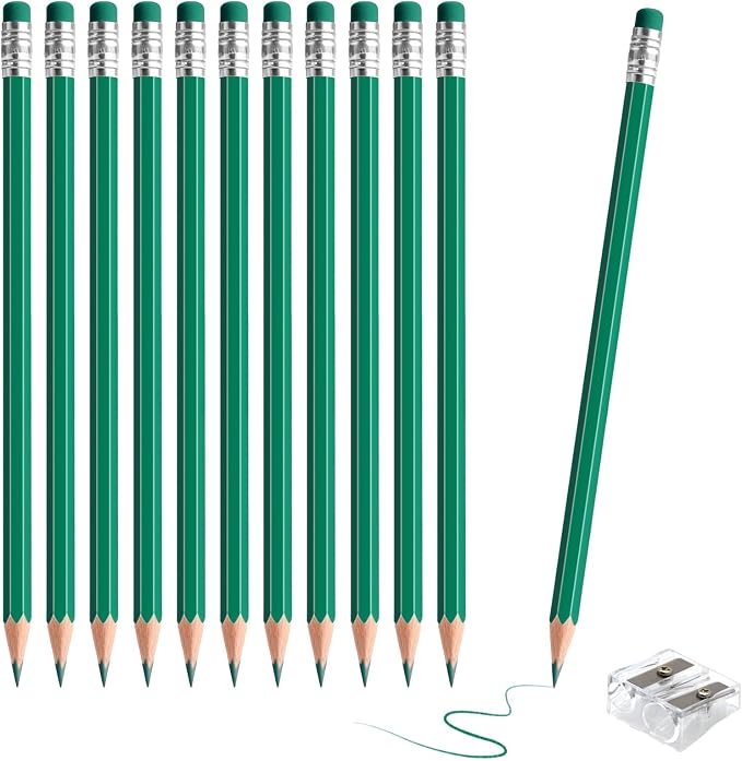 12 PCS Green Pencils with Eraser, Pre-Sharpened HB Pencils for Writing & Drawing, School Supplies for Kids Homework, Tests, Art Crafts & Teacher Grading (Green)