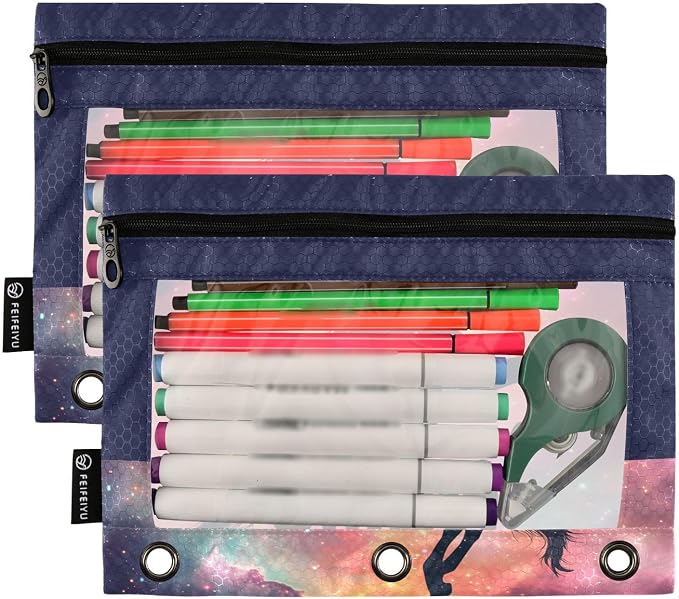 Custom Unicorn Galaxy Sky Pencil Pouch for 3 Ring Binder, 2 Pack Personalized Name Waterproof Pencil Bags Clear Window Pencil Case School Office Supplies